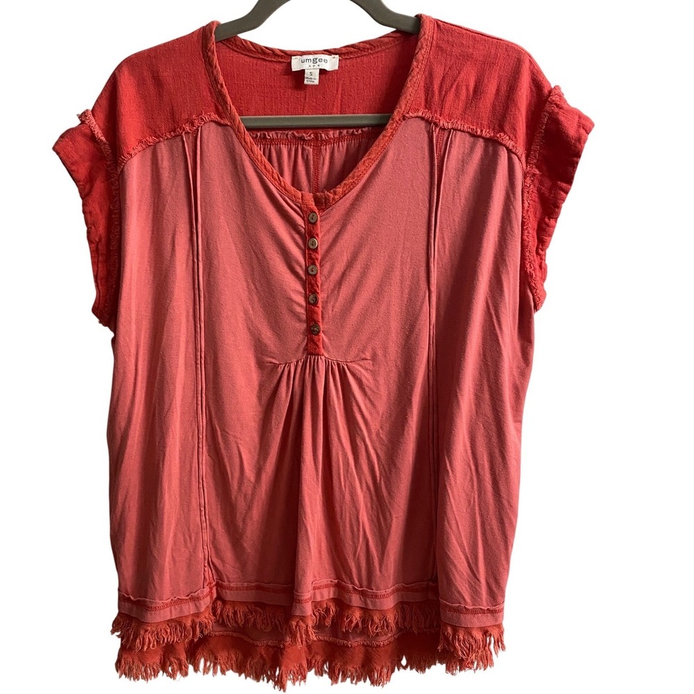 Umgee USA Womens Small Coral Pink Red Fringe Henley Boho Mixed Media Linen Blend